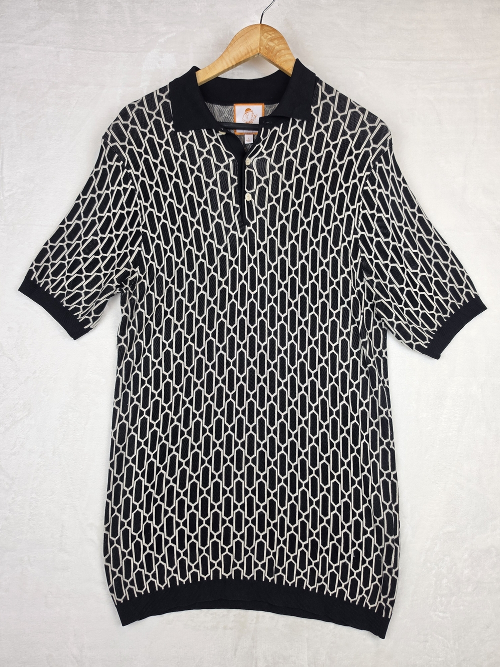 Cigar Couture Mens L Black White Geometric Long Knit Polo Shirt Viscose